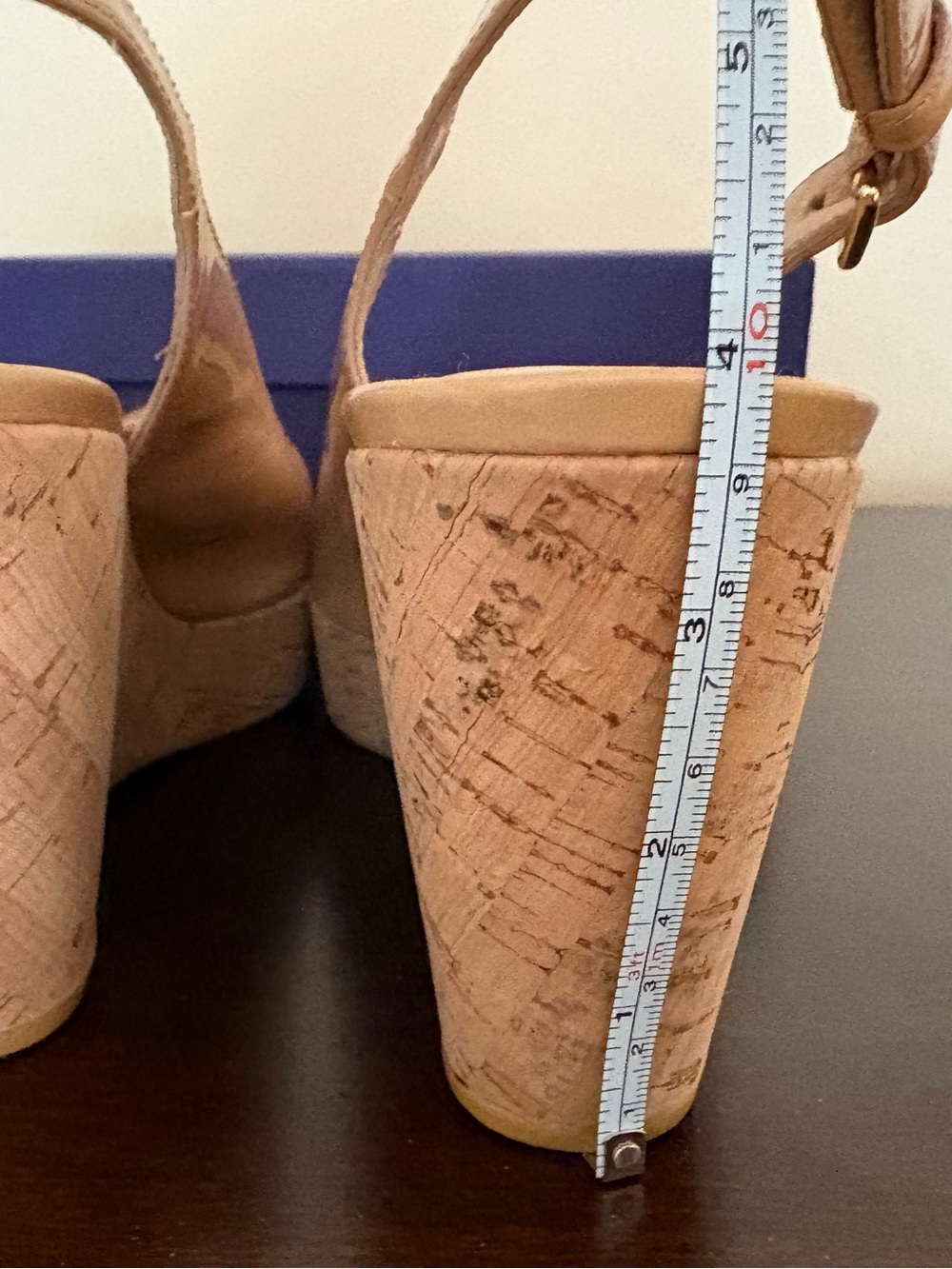 Stuart Weizmann Nude Patent Cork Wedge 4”Slingback Sandals with adjustable strap - Picture 3 of 4